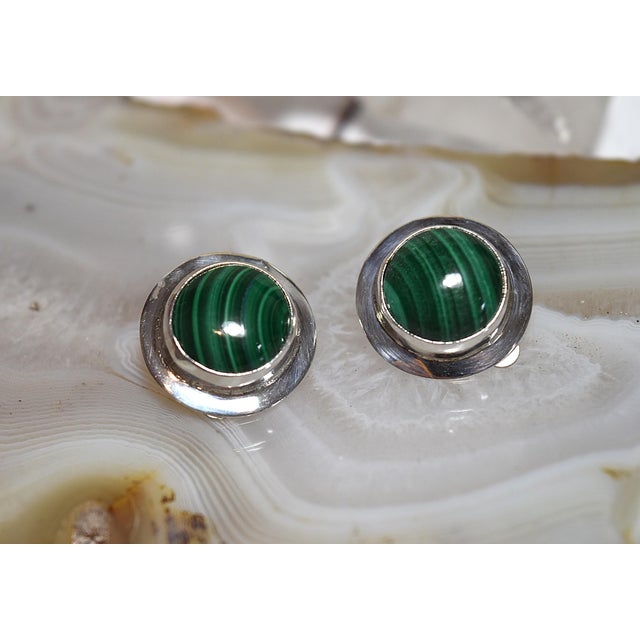 Metal Vintage Sterling Silver Malachite Clip-on Stud Earrings, A Pair For Sale - Image 7 of 18