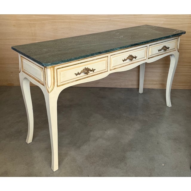 20th Century French White Painted Table Console With Green Marble Top For Sale - Image 6 of 16