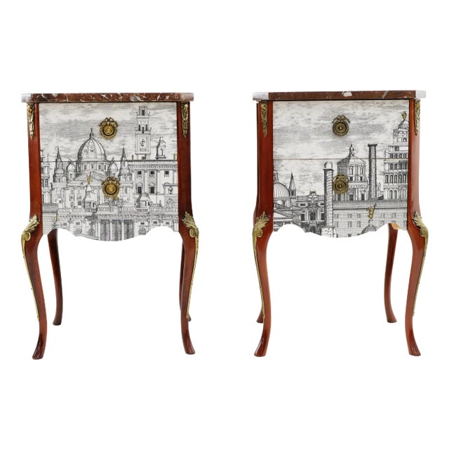 1950s Pair Fornasetti Design Nightstands With Marble Top For Sale