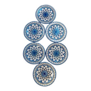 1990s Moroccan Tunisian Ceramic Hand Painted Large Plates- Set of 6 For Sale