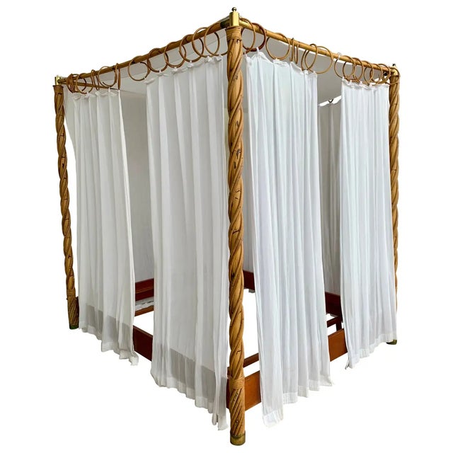 Mid Century Bamboo Canopy Four Poster Bed With Curtains or Outdoor