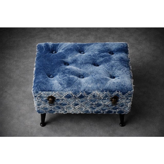 Late 20th Century Indigo Tie-Dye Upholstered Ottoman / Footstool With Tufted Top and Distressed Textile Finish – Boho Accent Stool For Sale In Los Angeles - Image 6 of 6