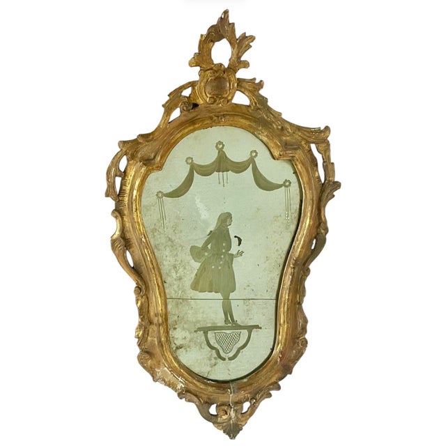 Rococo Pair of 18th Century Venetian Giltwood Rococo Etched Glass Mirrors For Sale - Image 3 of 13