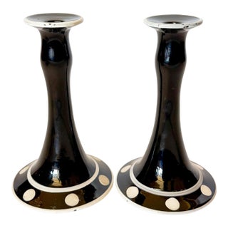 Antique Art Deco Style Noir Glass Candlestick Holders With White Polka Dots, a Pair For Sale