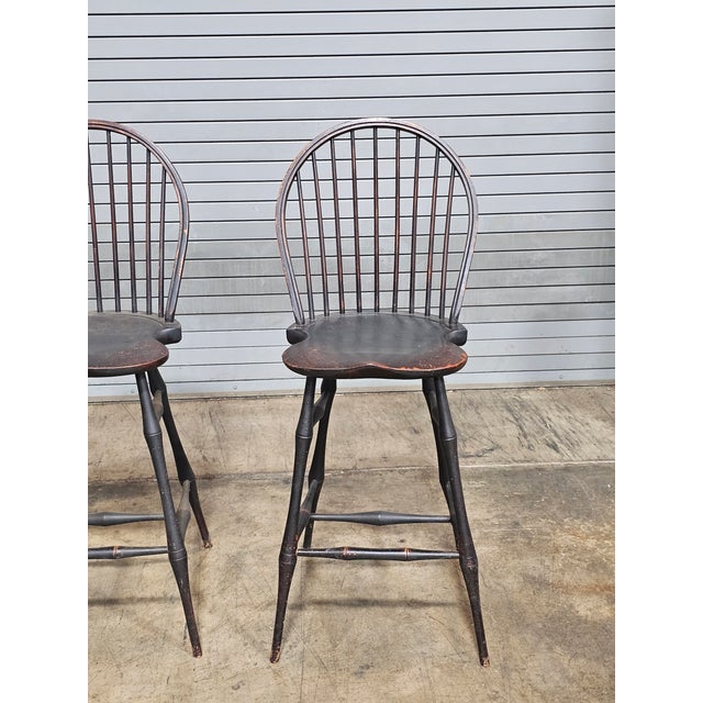 Late 20th Century Pair of Bench Made Black Windsor Chair Tall Stools by David T. Smith of Ohio For Sale - Image 4 of 11