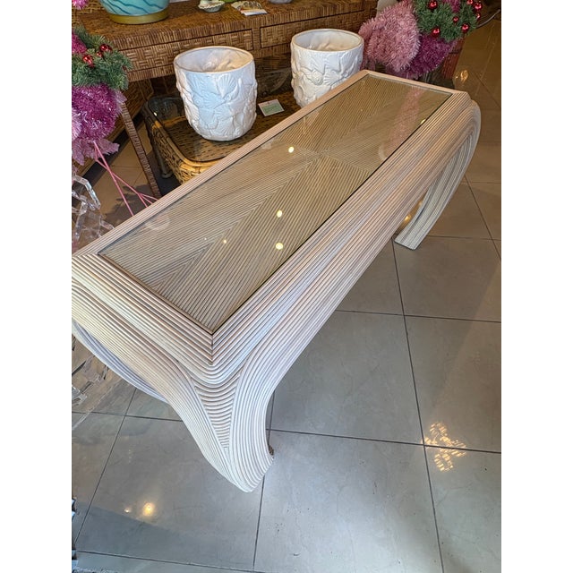 Vintage Coastal Palm Beach Pencil Reed Rattan Ming Console Table New Glass Top For Sale In West Palm - Image 6 of 15