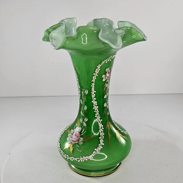 Green Vintage Fenton Art Glass Vase Charleton Awco Green Overlay Roses Hand Painted For Sale - Image 8 of 11
