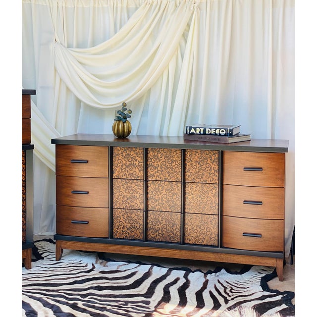 Masterfully reimagined and restored, this exceptional two-piece mid-century modern bedroom set made in 1960, by the...