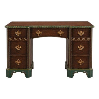 Vintage Baker Double Pedestal Desk — Emerald & Gilt Accents, 48” Walnut Writing Desk For Sale