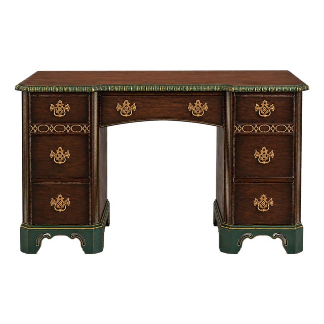 Vintage Baker Double Pedestal Desk — Emerald & Gilt Accents, 48” Walnut Writing Desk For Sale