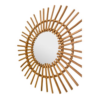 Vintage Mid-Century Rattan Sunburst Wall Mirror – Handwoven Bamboo Starburst Design, 1960s–1970s Style For Sale