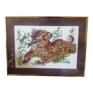 Vintage Handcrafted Crewel Embroidery Spotted Leopard Cub Wall Decor For Sale