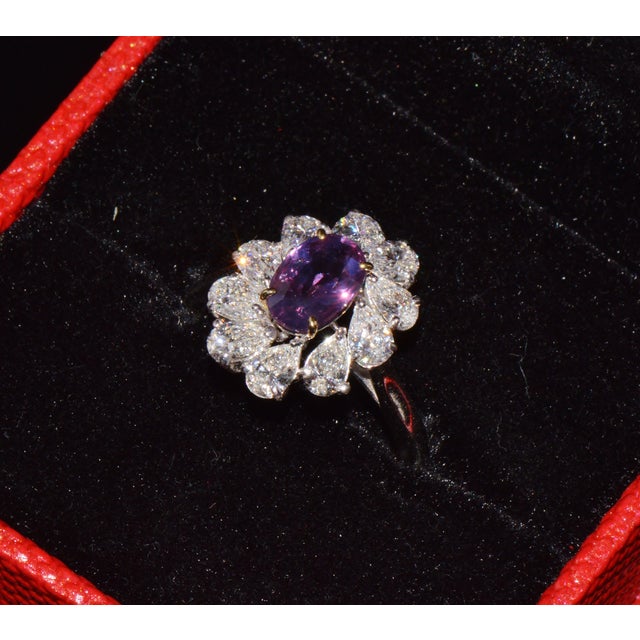Gia Certified 3.15ct No-Heat Purple Pink Sapphire & Diamond 18k Gold Halo Ring, Size 6.5 For Sale - Image 16 of 18