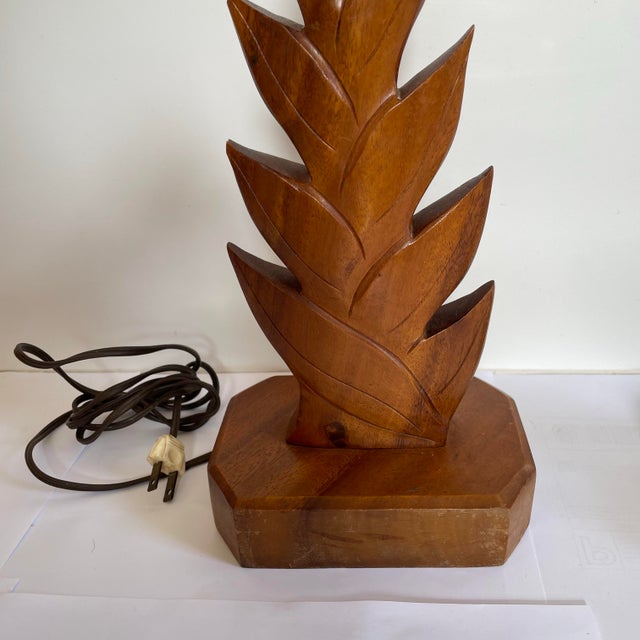 Vintage 30’s Deco Hawaiian Hand Carved Wood Pineapple Leaves Table Lamps Tropical - a Pair For Sale - Image 4 of 9