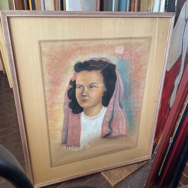 Paper Artist C. Zchrung Mid Century Modern, Dated 4/1945, Pastel, Framed, Signed, Jewish Immigrant, 30x26 In. For Sale - Image 7 of 7