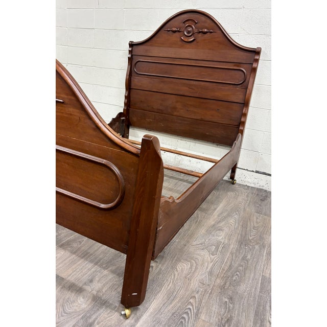 Wood Antique Full Size Victorian Walnut Carved Bedframe For Sale - Image 7 of 13