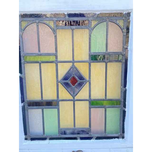 1900 - 1909 Antique Art Deco Leaded Stained Glass Pink Green Blue Yellow Windows - (2) Pair For Sale - Image 5 of 13