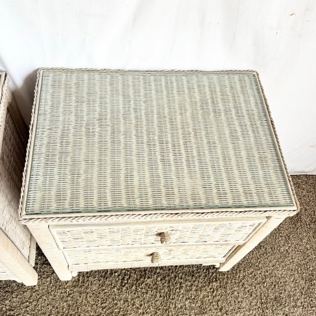 Beige Vintage Boho Chic White Washed Wicker Glass Top Nighstands - A Pair For Sale - Image 8 of 10