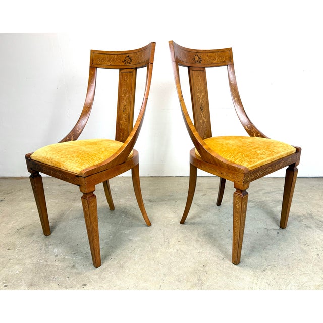 Antique 19th Century Inlaid French Empire Biedermeier Gondola Style Side Chairs For Sale - Image 10 of 12