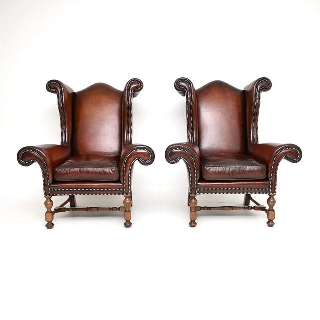 Antique Leather Wing Back Armchairs, 1920s, Set of 2 For Sale - Image 3 of 11