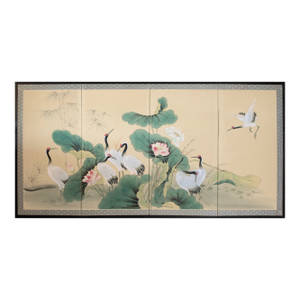C. 1970s Asian Painted Silk Screen "Red-Crowned Cranes and Lotus"