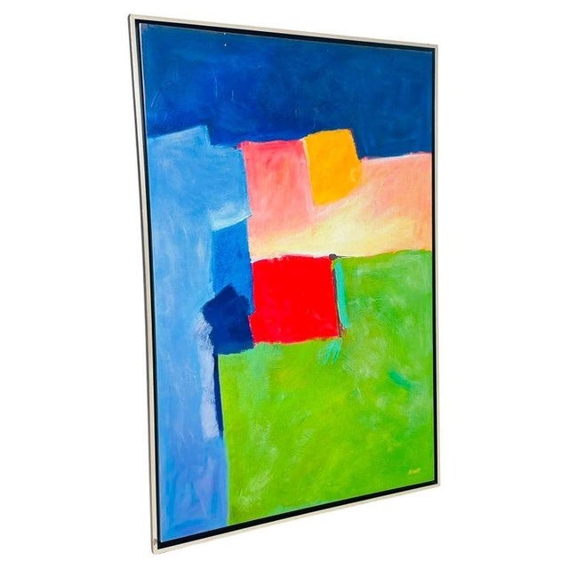 Striking large-scale abstract oil painting by H. Scott, featuring a bold color-field composition with layered geometric...
