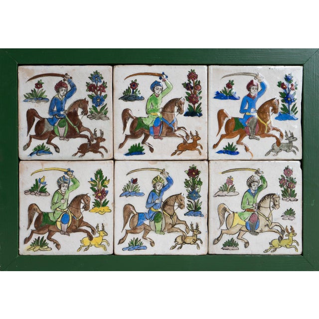 Set of Six Antique Persian Qajar Tiles Depicting Hunters on Horseback, 19th Century For Sale - Image 10 of 14