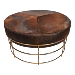 Bronze Iron & Cow Hide Round Ottoman