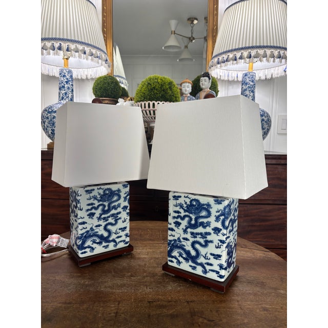 The most iconic and perfect pair of Ralph Lauren blue and white dragon lamps in perfect condition. Beautiful shades of...