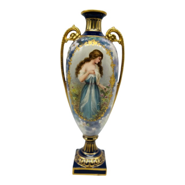 Royal Bonn Lovely Lady Cobalt & Gilt Porcelain Pedestal Vase Signed J. Duren For Sale