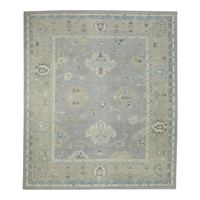 Early 21st Century Gray & Green Floral Design Handwoven Wool Turkish Oushak Rug 8' X 9'6" For Sale