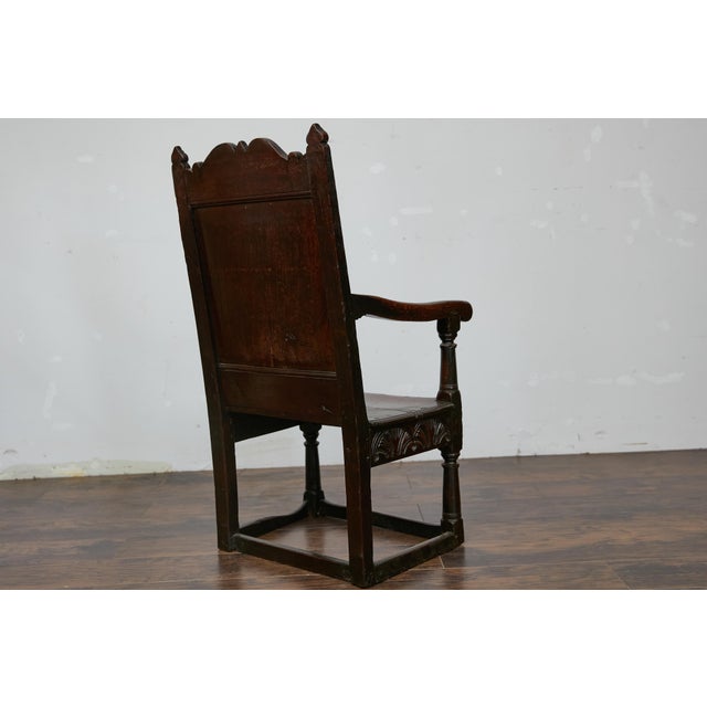 Brown English Jacobean 1690s Oak High Back Armchair with Carved Décor and Turned Legs For Sale - Image 8 of 12
