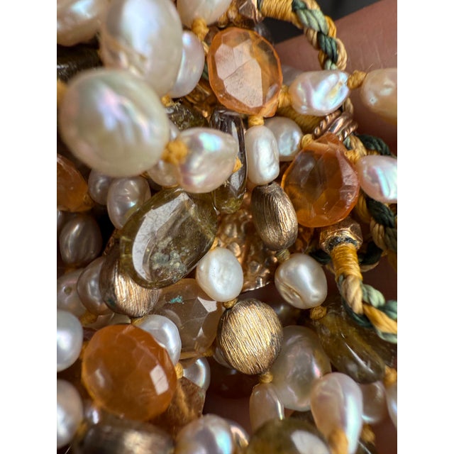 2000 - 2009 Pearl & Gemstone Layered Wrap Necklace With Hammered Leaf Drops For Sale - Image 5 of 7