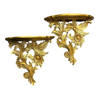 Mid-Century Hollywood Regency Italian Giltwood Floral Wall Brackets - Pair For Sale