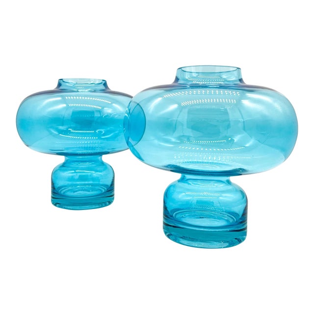 Mid-Century Aqua Blown Glass Vases – Pair – Scandinavian Modern / Blenko Style For Sale