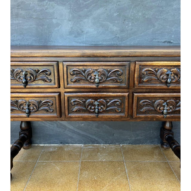 Brown Spanish Renaissance Revival Oak Console Table with Carved Panels, 1930s For Sale - Image 8 of 10