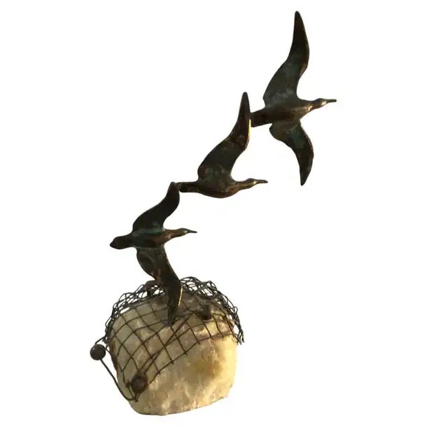 1960s Curtis Jere Attributed 3 Birds in Flight Sculpture on Stone Base For Sale - Image 11 of 11