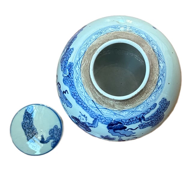 2000 - 2009 Hand Painted Ceramic Blue and White Jar With Cap For Sale - Image 5 of 8