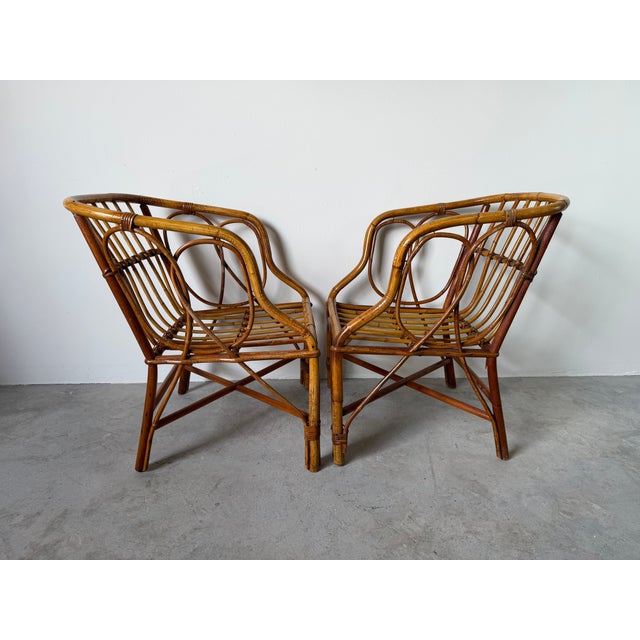 1970's Vintage Coastal Bamboo Rattan Barrel Lounge Chairs - A Pair For Sale - Image 9 of 17