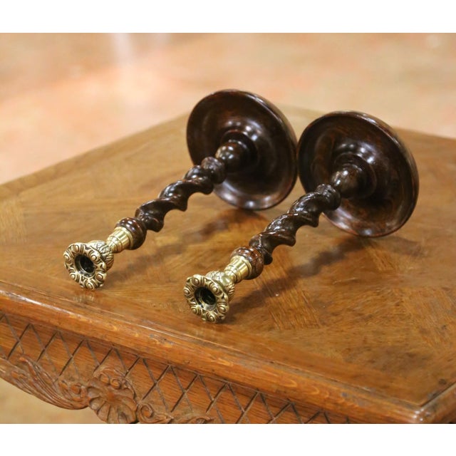 Wood Pair of Early 20th Century English Oak and Brass Barley Twist Candlesticks For Sale - Image 7 of 8