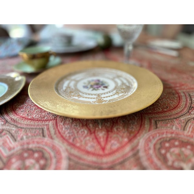 1920s Czechoslovakian Six Gold Encrusted Porcelain Plates | Antique Dinner Plates I Bohemian I Housewarming I Art Deco I Gold Gilded Border For Sale - Image 11 of 14