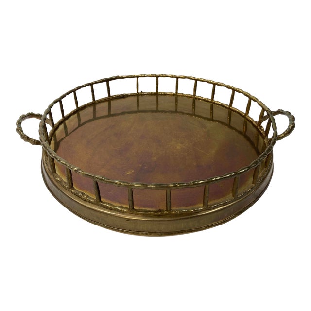 Vintage Round Brass Faux Bamboo Gallery Tray For Sale