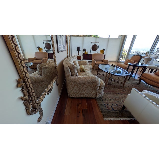 Curved back sofa, that could be floated in a room or pushed against the wall as shown in pictures. Seat is 2 cushions....