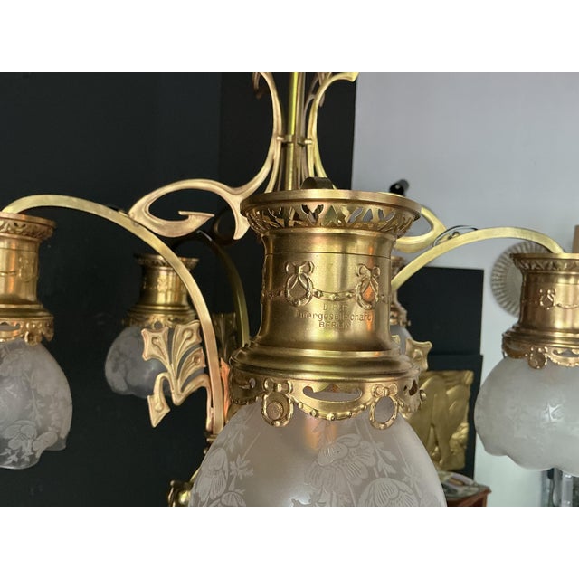 Gold Antique Art Nouveau Chandelier in Brass and Bronze, 1890s For Sale - Image 8 of 13