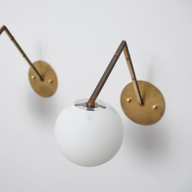 Metal Vintage Italian Geometric Brass and Opaline Globe Wall Sconces, 1950s, Set of 2 For Sale - Image 7 of 14