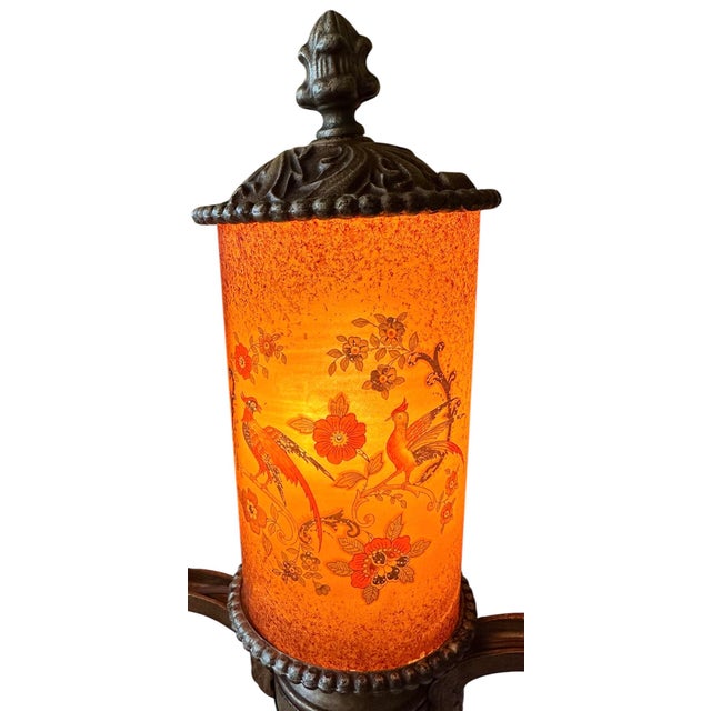 Metal 1920s Tiffin Franciscan Glass Tale Lamps in Original Old Paints, Irons SND Brass - a Pair For Sale - Image 7 of 7