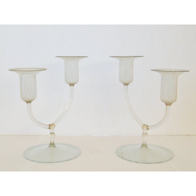 Traditional Dual Stem Etched Glass Candlesticks For Sale - Image 3 of 3