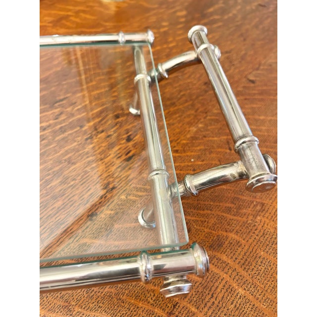 1960s 1960’s Hollywood Regency Faux Bamboo Silver Plate Tray With Glass Top For Sale - Image 5 of 9