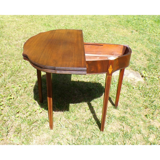 Antique Federal Style Inlaid Mahogany Game Card Table Demilune Console Table For Sale - Image 13 of 13