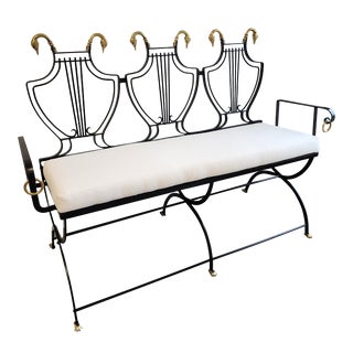 Mid 20th Century Maison Jansen Style Black Iron Lyre-Back Bench or Settee, Brass Swan Heads & Paw Feet For Sale